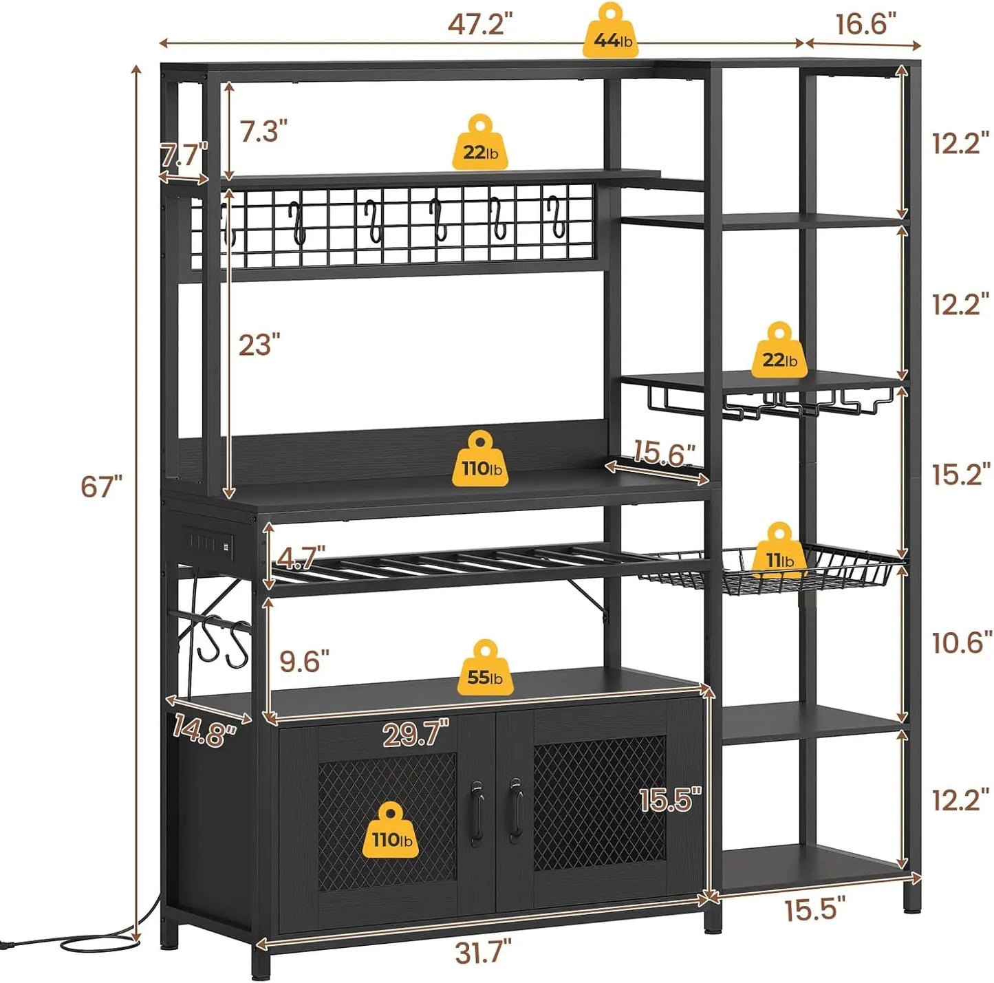 Bakers Rack with Power Outlet, 47.2in Microwave Stand