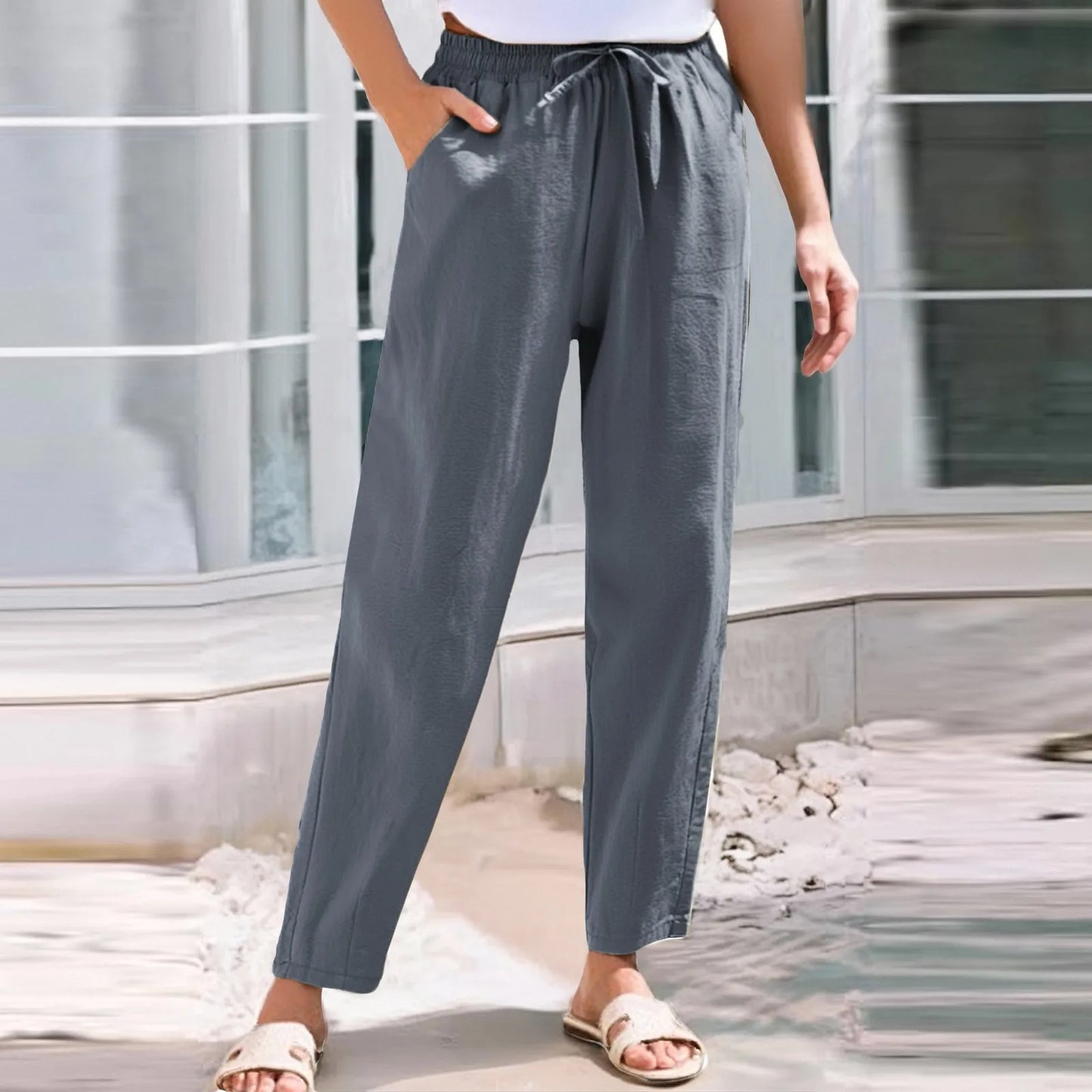 Women Cropped Pants Cotton Linen Baggy Trousers
