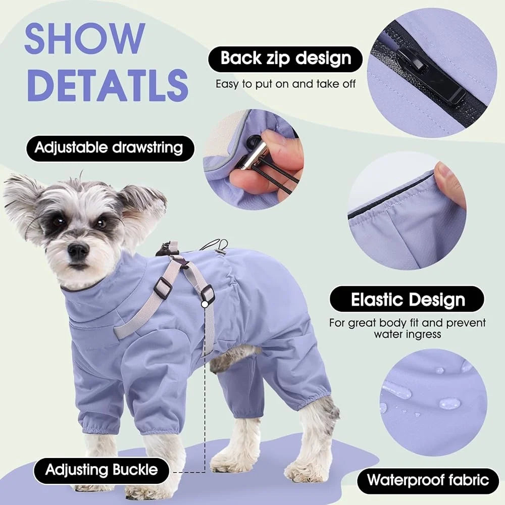Waterproof Dog Raincoat with Harness Small Dogs 4 Legs Puppy Rain Jacket Adjustable Design Lightweight Outdoor Wear