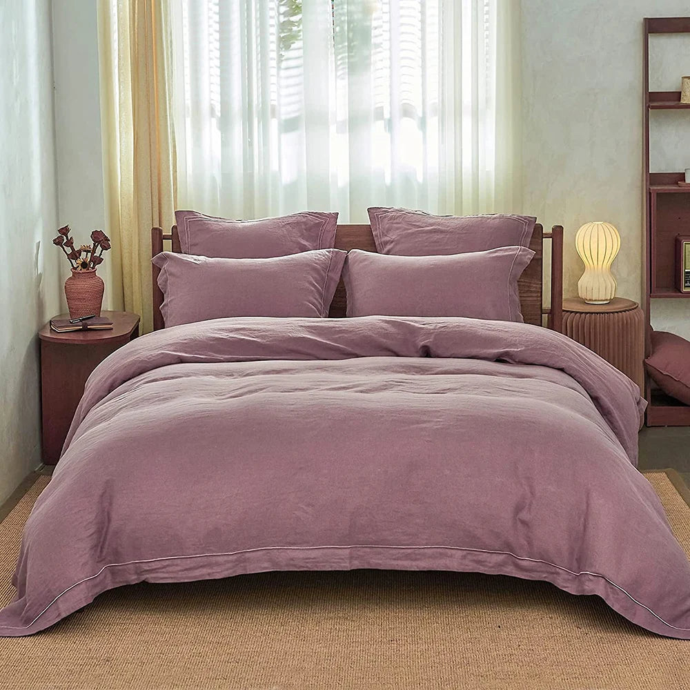 Simple&Opulent 100% Linen Bedding Set 3Pcs Washed Comforter Boho Breathable Queen King Size Duvet Cover Bed Sheet Pillow Shams