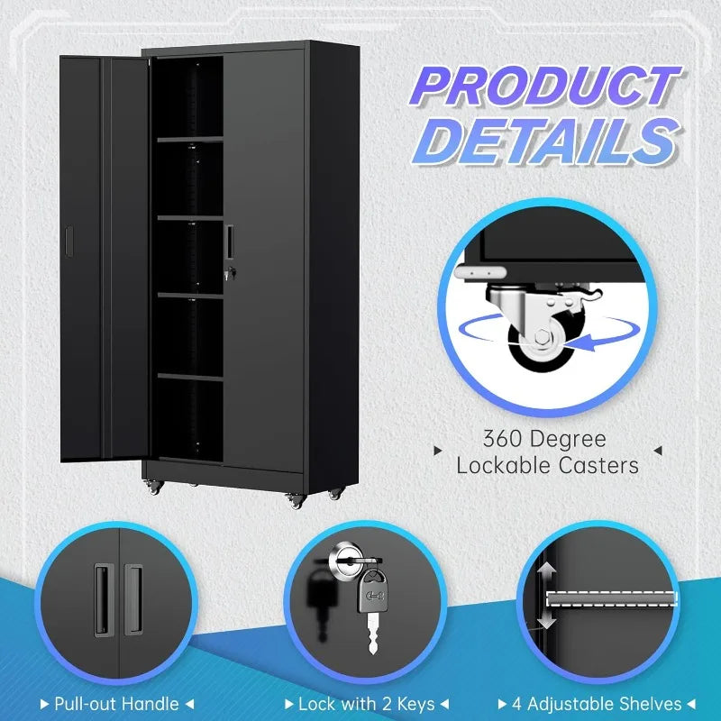 73" Metal Storage Cabinet with Wheels, Garage Storage Cabinet with 4 Adjustable Shelves & Lockable Doors for Garage Home