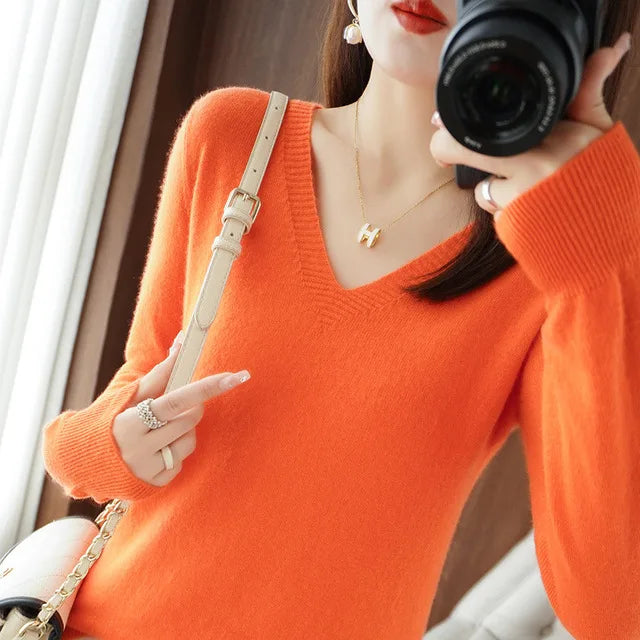 Women's Sweater 2025 Autumn Winter Knitted Pullovers V-neck Slim Fit Bottoming Shirt Solid Soft Knitwear