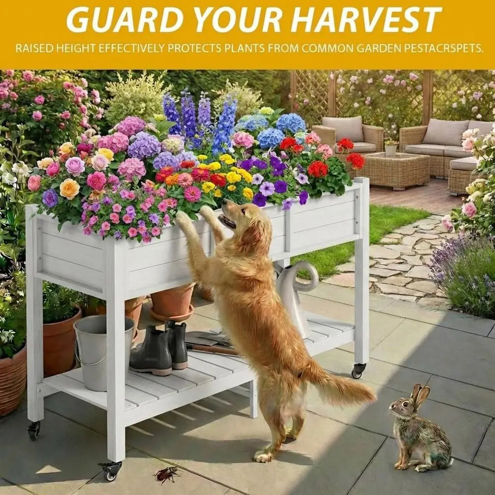 47x18x3in Raised Garden Bed HDPE Outdoor with Legs and Lockable Wheels, Weather-Resistant Poly-Wood Elevated Planter Box,