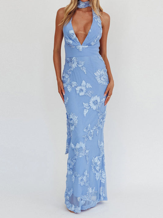 Elegant V-Neck Maxi Dress with Lace Detailing Sleeveless Backless Evening Gown for Formal Events and Weddings