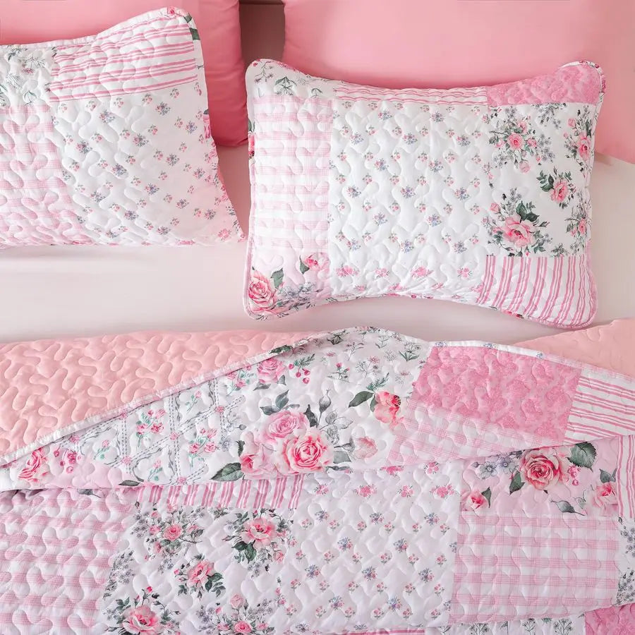 Quilt Sets Queen Size Floral Quilt Set 3 Pieces Bedding Set Bedspreads Pink Comforter Blanket with 2 Pillow Cases Ultra Soft Flo
