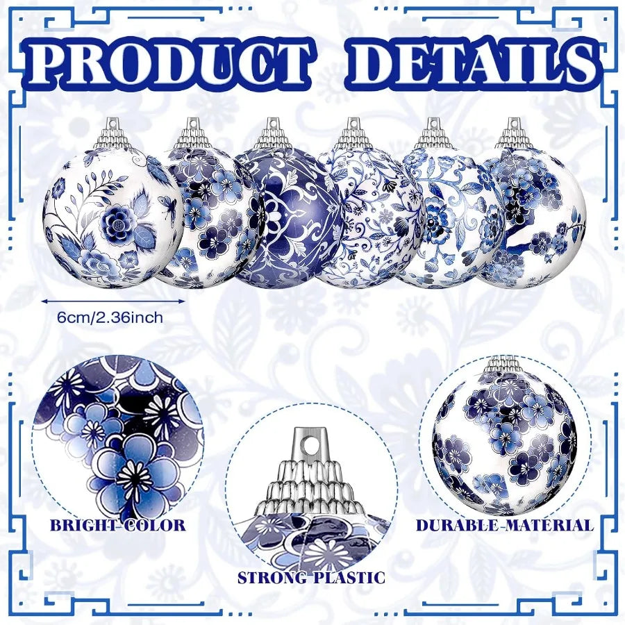 12 Pcs Chinoiserie Christmas Ornaments 2.36 Inch Blue White Ball Ornaments with Ribbon for Christmas Tree Home Party Decor