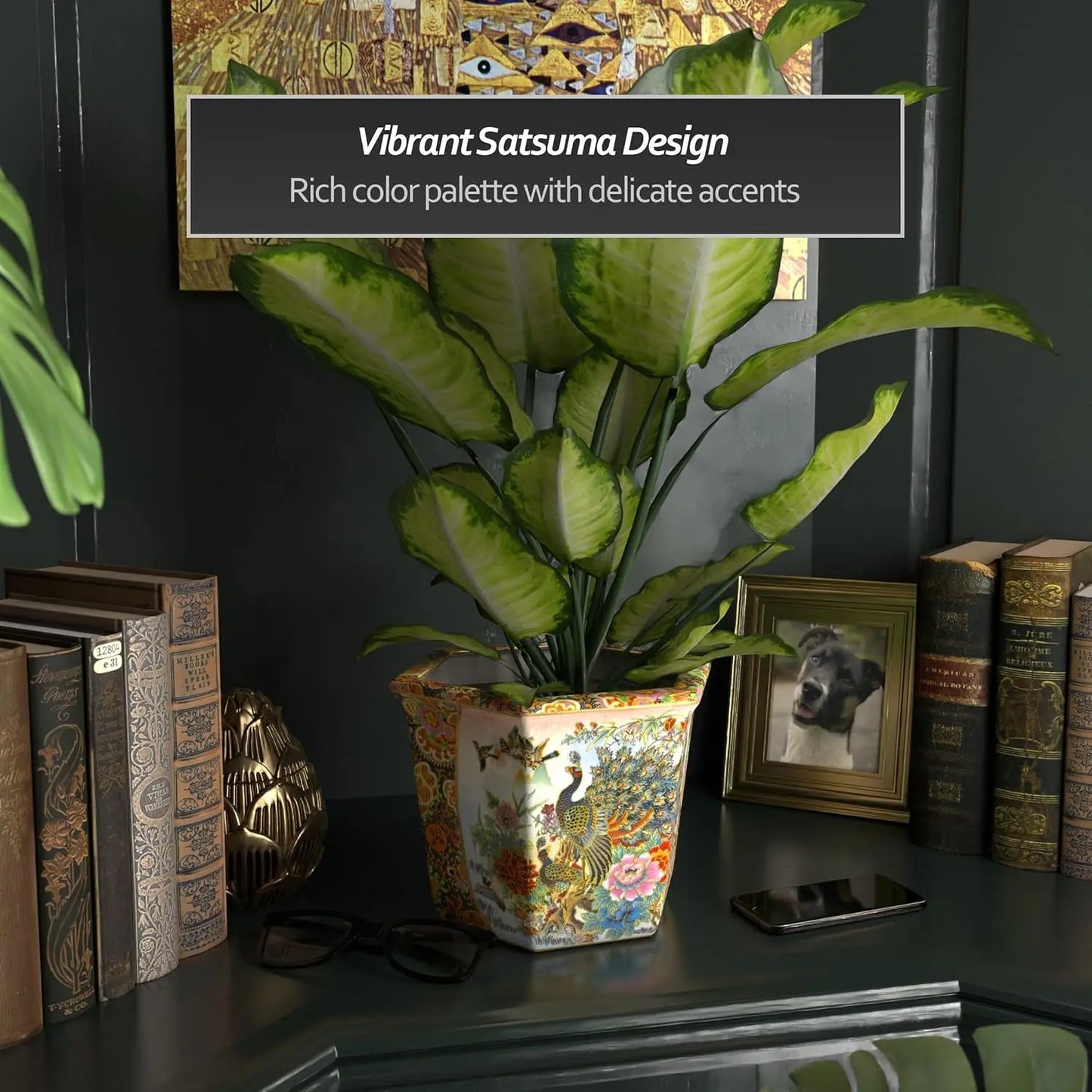 10" Hexagonal Porcelain Flower Pot with Hand-Painted Peacock & Floral Design, Indoor/Outdoor Plant Decor