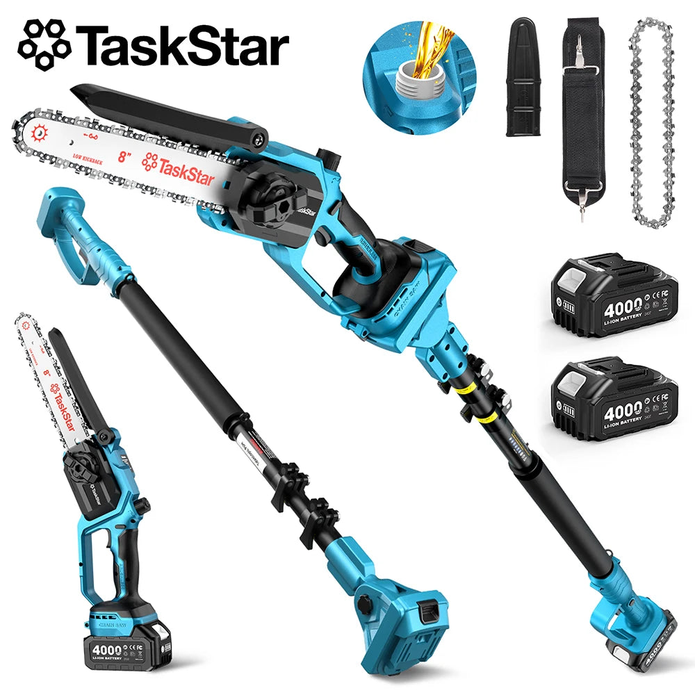 TaskStar 2-in-1 Electric Pole Saw 8" Cordless Chainsaw&Telescopic Pole 15Ft Max Reach High Branch Pruning Tool 2 4.0Ah Batteries