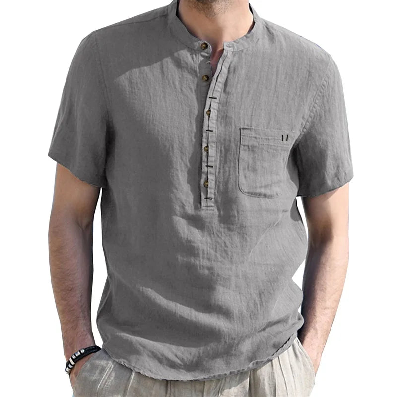 Men s Casual  Fit Short Sleeve Linen Henley Shirt