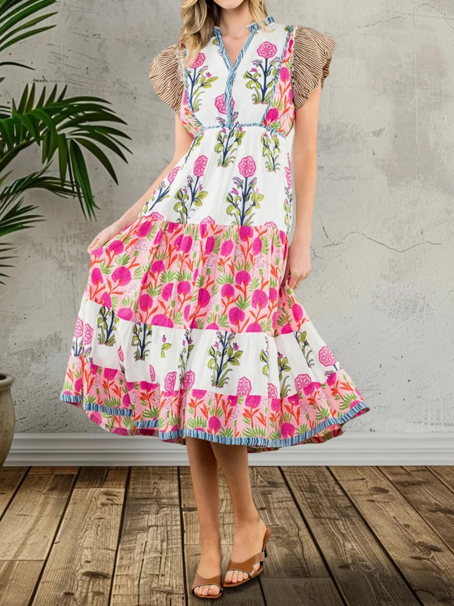 Elegant Boho Style Maxi Dress with Ruffle Sleeves and V-Neckline