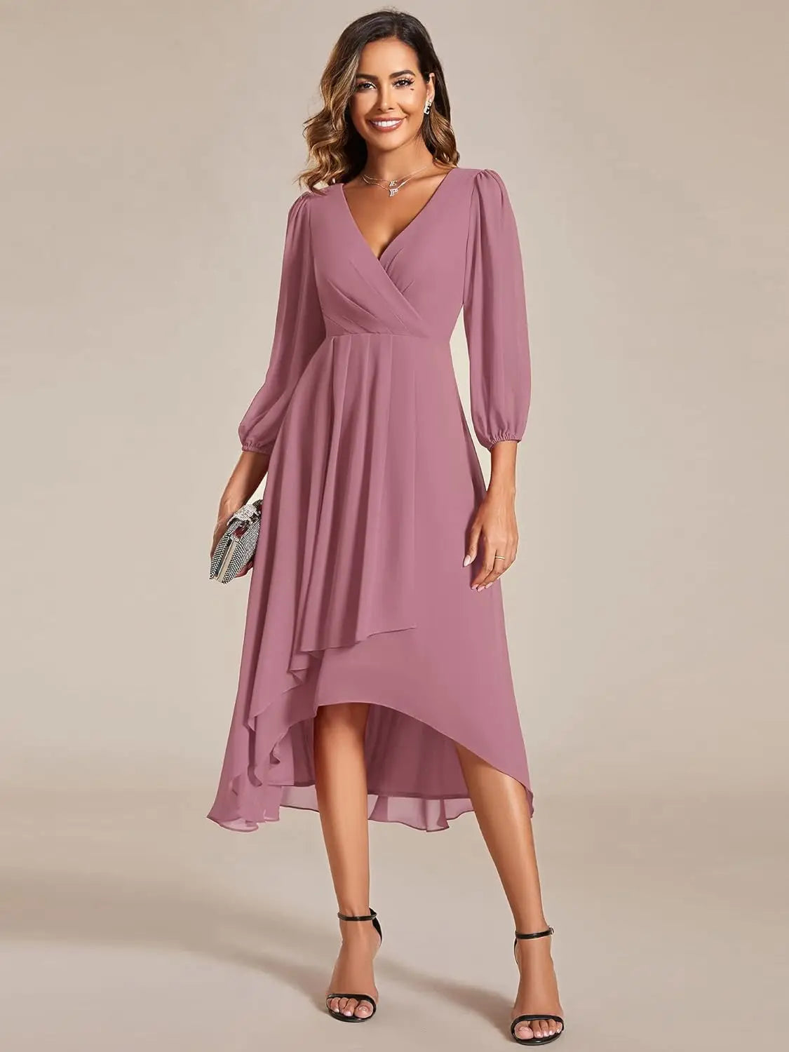 Ever-Pretty Women's Chiffon V Neck Long Sleeves Pleated A-Line Midi Length Wedding Guest Dress