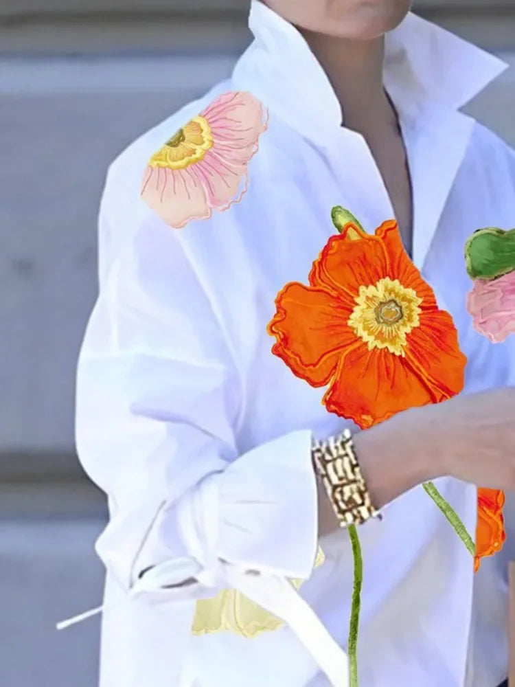 Korean Fashion Floral Printed Lapel Blouse  2025 New Autumn Flared Sleeves Buttoned Urban Casual