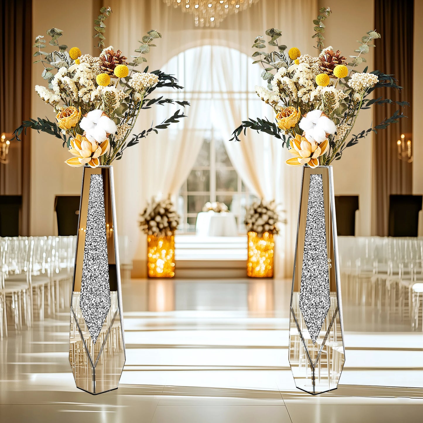 Tall Floor Mirror Vase, Large Crushed Diamond Glass Vase for Home Decor Modern Crystal Centerpiece