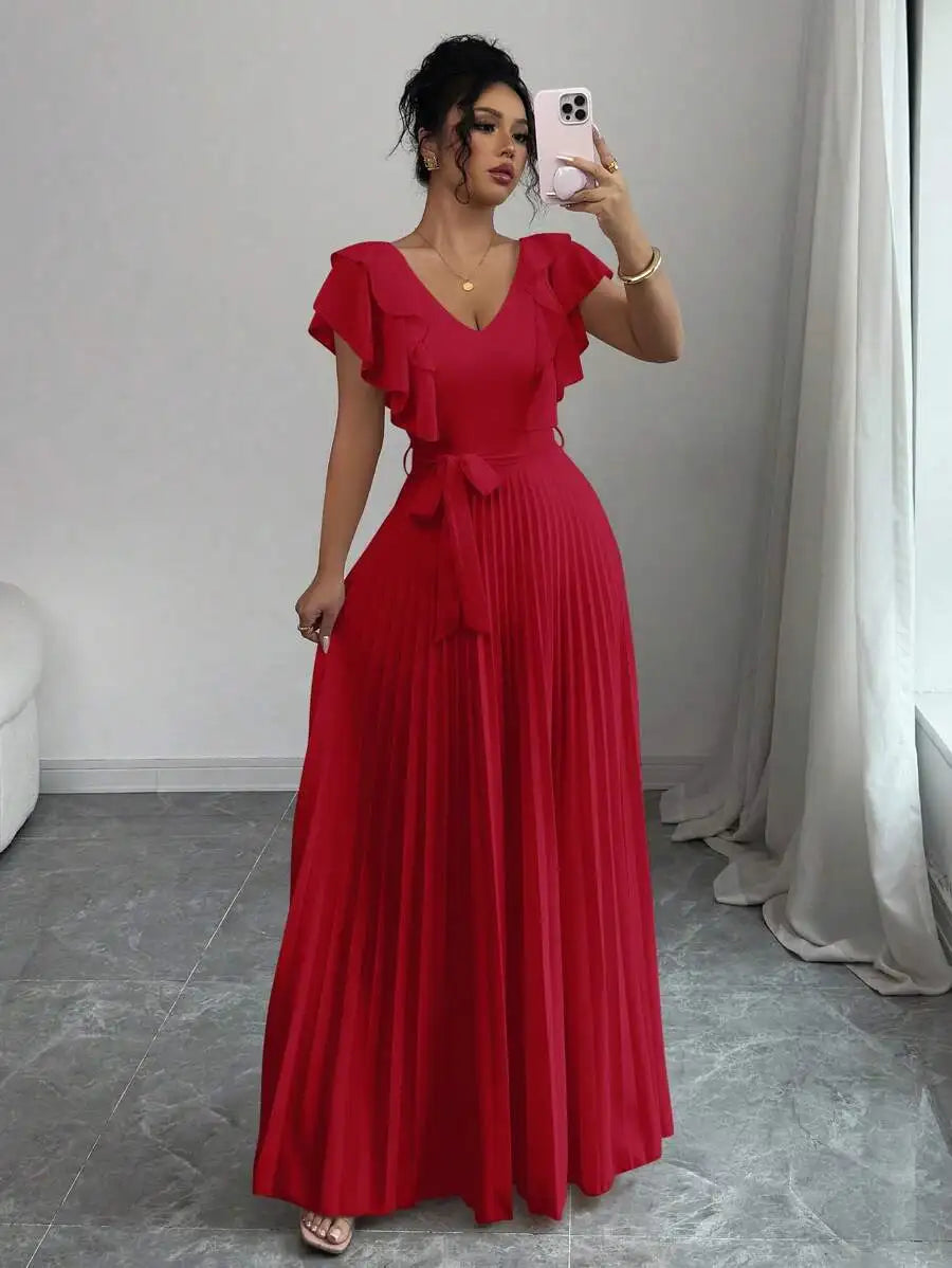 V-Neck Ruffle Sleeve Pleated A-Line Maxi Dress with Waist Tie