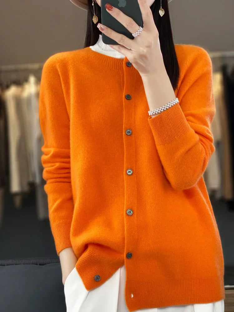 Long Sleeve 100% Merino Wool Sweaters Cashmere Cardigan Spring Autumn Women O-Neck Knitwear