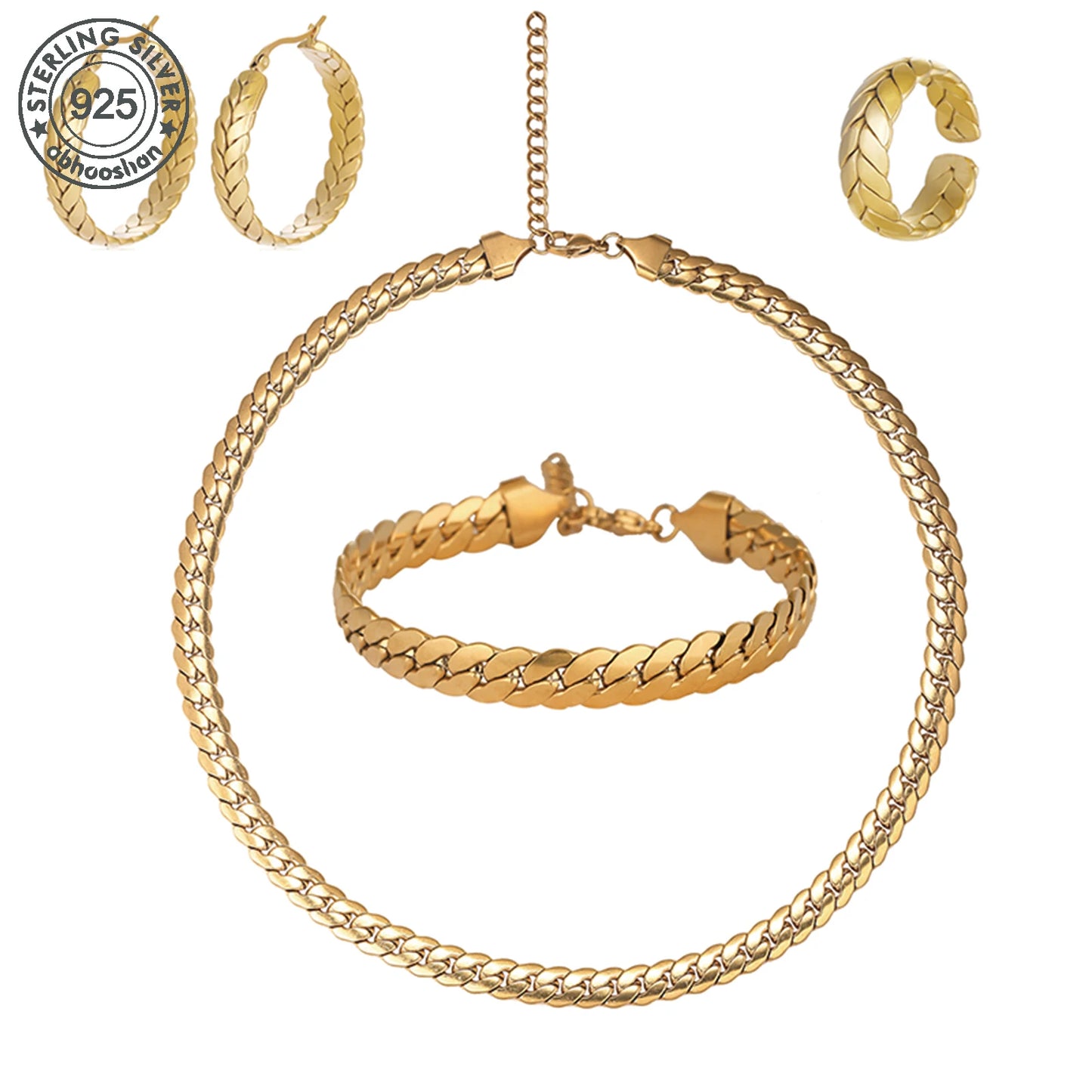 925 Sterling Silver - Gold plated - Serpentine Jewellery Set of 4 (Ring, Necklace, Earrings, Bracelet) -