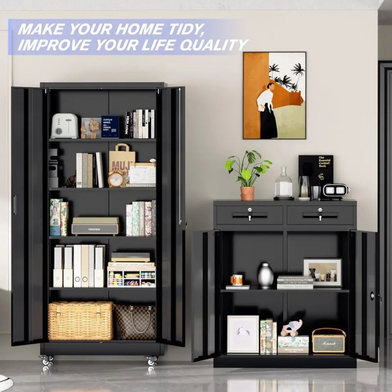 73" Metal Storage Cabinet with Wheels, Garage Storage Cabinet with 4 Adjustable Shelves & Lockable Doors for Garage Home