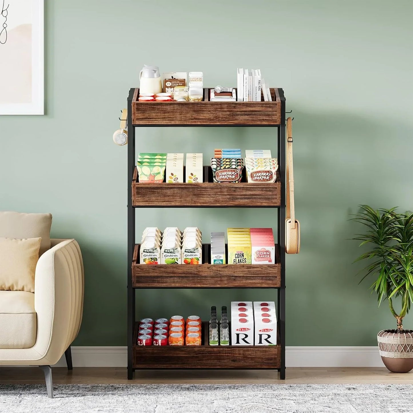 4-Tier Wooden  Display Shelf, Storage Shelving Organizer with Heavy-Duty Metal Frame