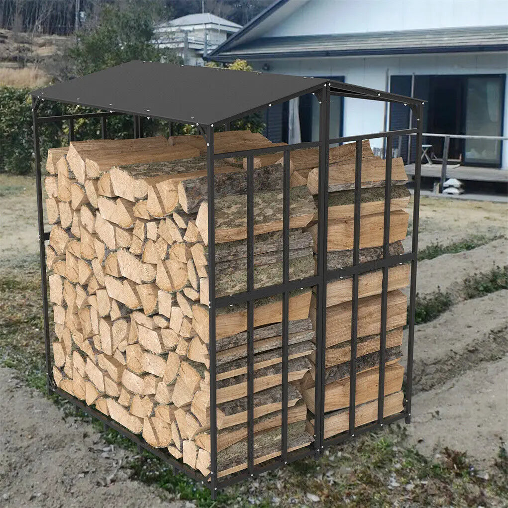 Heavy Duty Outdoor Firewood Storage Log Rack Metal Firewood Stand with Top Cover Rust Resistant