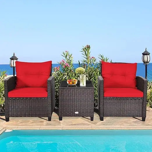 3 Pieces Patio Furniture Set Outdoor Furniture Rattan Wicker Chairs and Table Set, Washable Cushions Tempered Glass Coffee Table