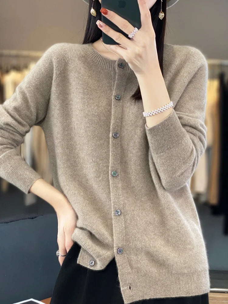Long Sleeve 100% Merino Wool Sweaters Cashmere Cardigan Spring Autumn Women O-Neck Knitwear