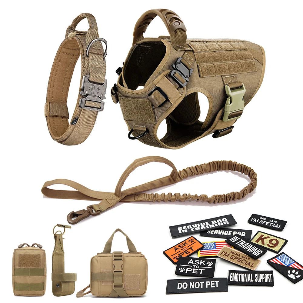 Military Large Dog Harness Collar Leash Bags Patches Set Pet Malinois Training Vests