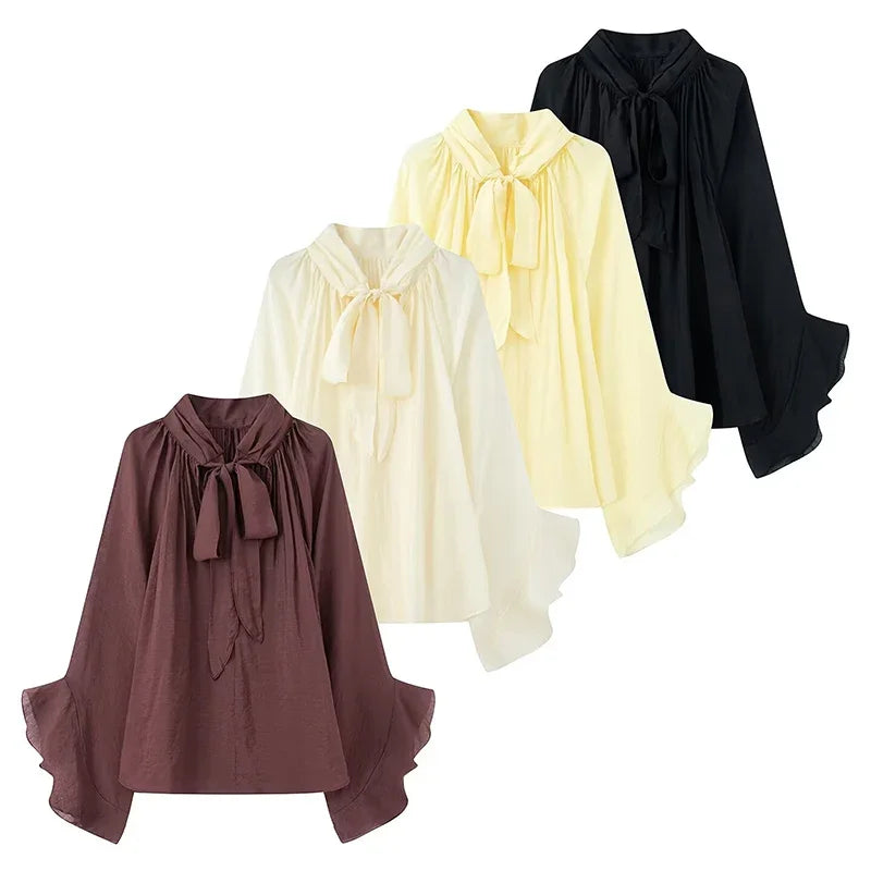 Perspective Women Shirt Autumn New Bow Tied Blouse Woman Tops Lady Ruffles Flare Sleeve Loose Elegant Blouses