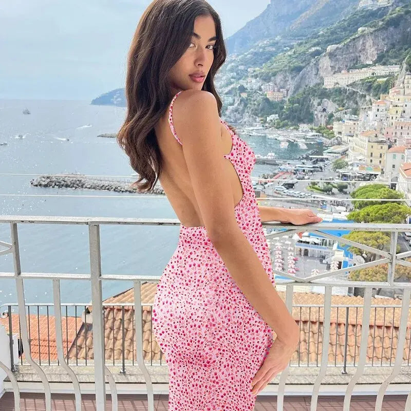 Long Floral Suspender Dress  Sexy Backless Slimming Beach Dress
