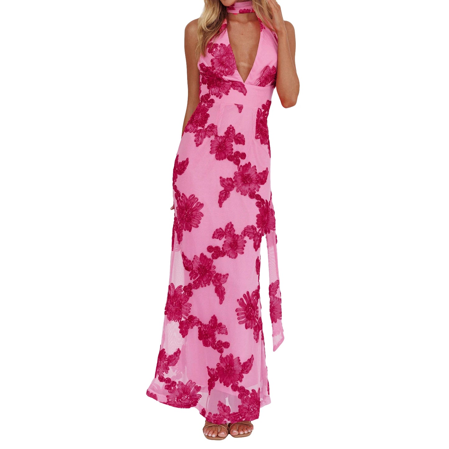 Elegant V-Neck Maxi Dress with Lace Detailing Sleeveless Backless Evening Gown for Formal Events and Weddings