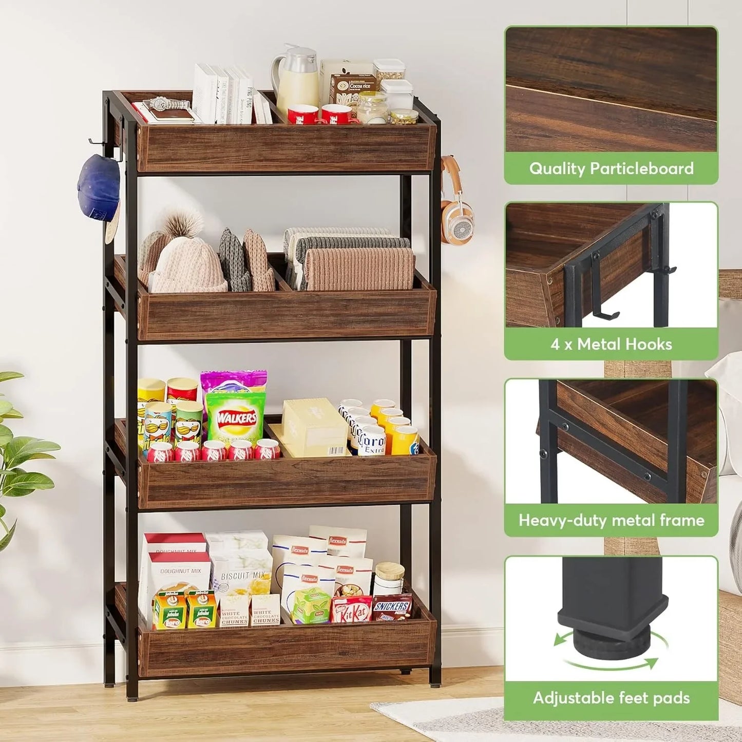 4-Tier Wooden  Display Shelf, Storage Shelving Organizer with Heavy-Duty Metal Frame
