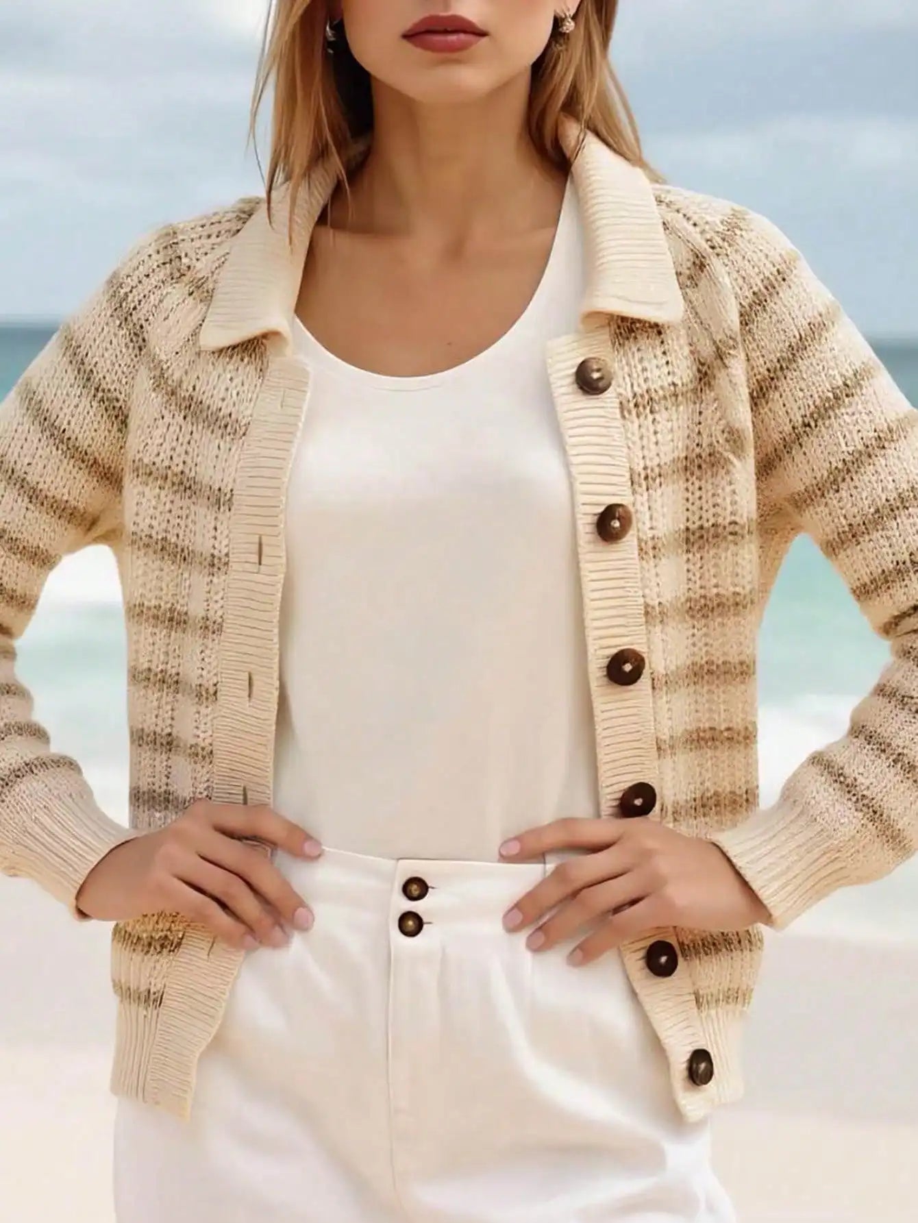 Polo Neck Knit Cardigan | Women's Open Front Long Sleeve Sweater | Button-Down Jacket Style Cover-Up