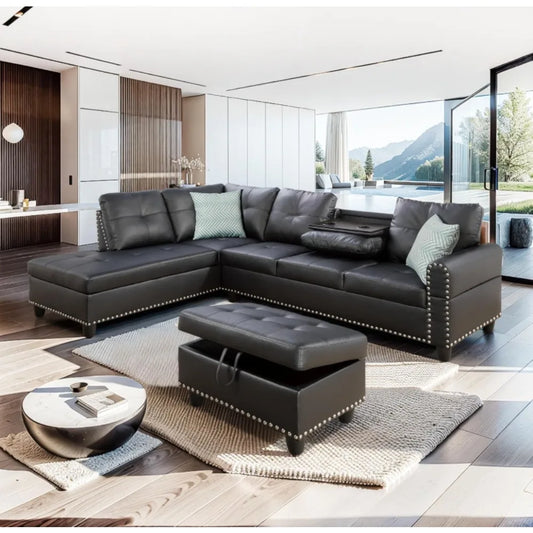 Faux Leather Sectional Sofa with Chaise Lounge,