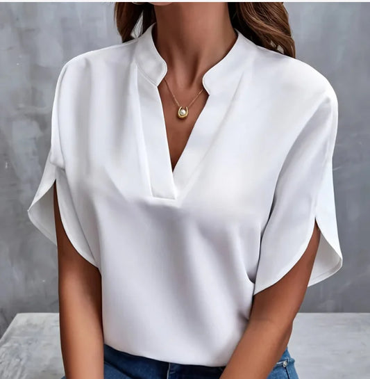Elegant Women's Blouse New V-neck Short Sleeve Solid Color Loose Shirt Casual  Office