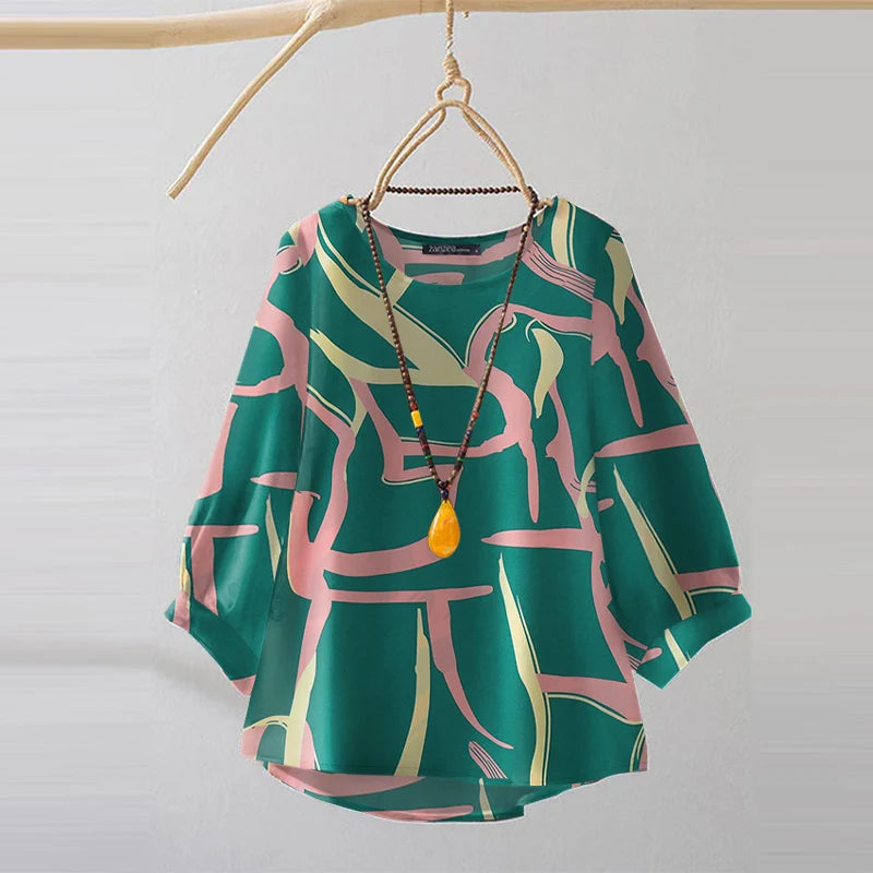 Vintage Line Printed Blouse Fashion 3/4 Sleeve Tunics Holiday Autumn Tops Casual Women Office Lady