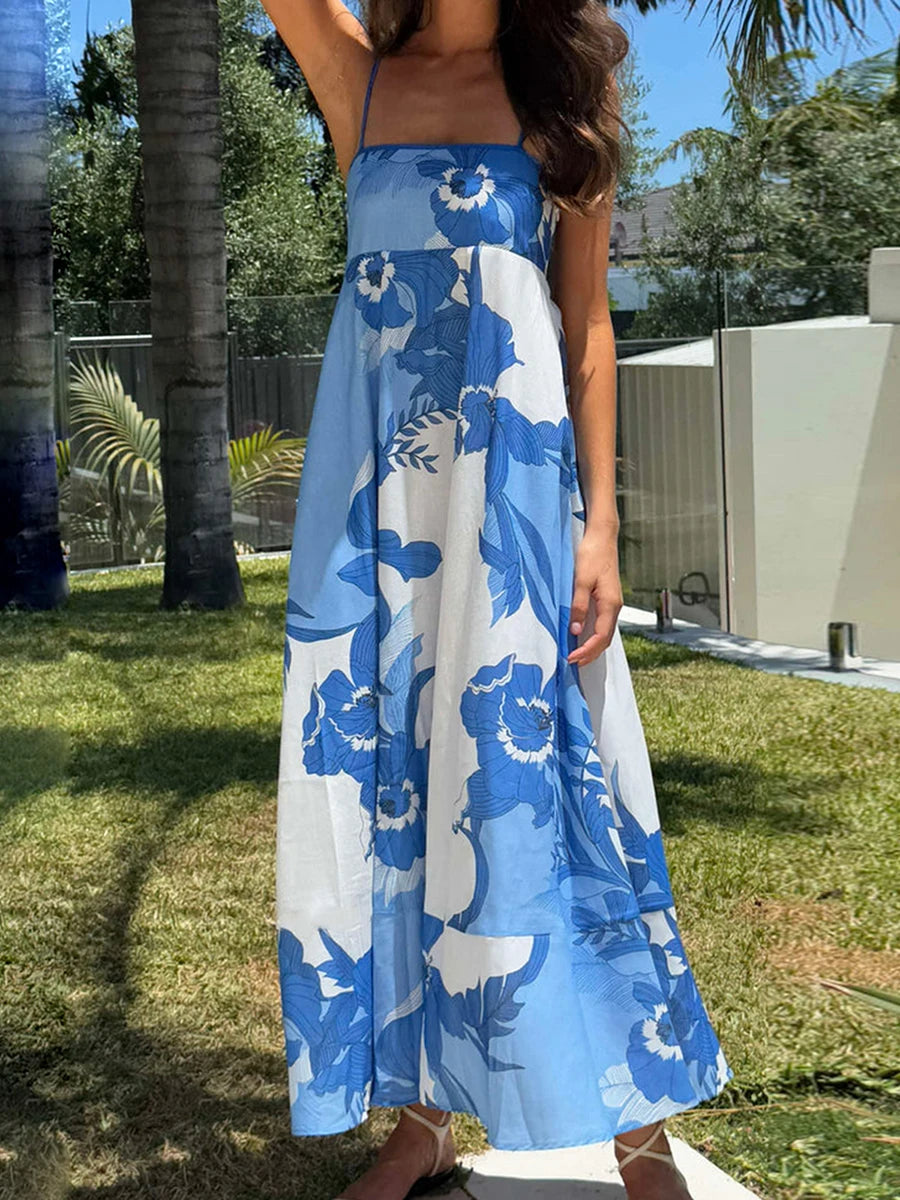 Elegant Floral Print Sleeveless Maxi Dress with Adjustable Spaghetti Straps