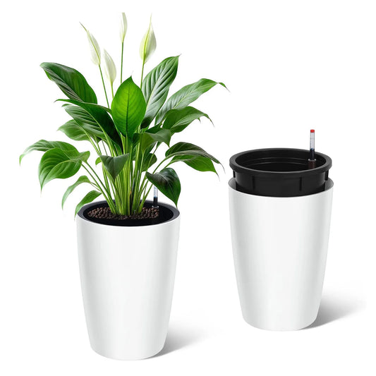 Tall Planters Set of 2, Plant Pots, Self Watering Pots for Indoor Plant, Flower Pots with Drainage and Visual Water Level Design