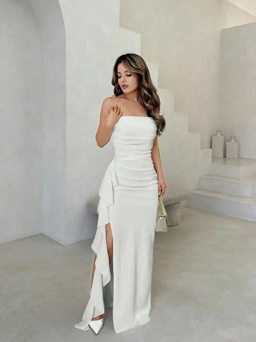 White Sleeveless Off-Shoulder Ruched High Slit Wrap Long Dress