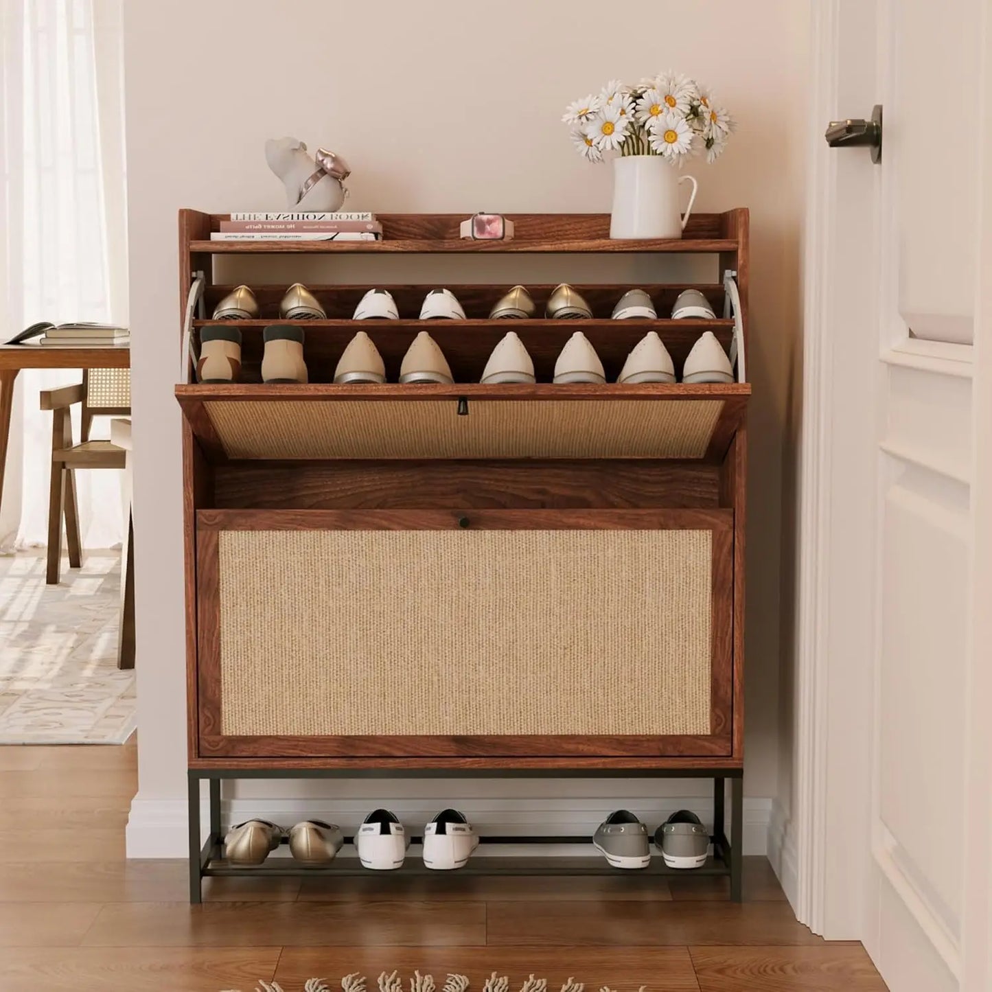 Narrow Shoes Storage Cabinet with 2 Flip Drawers, Freestanding