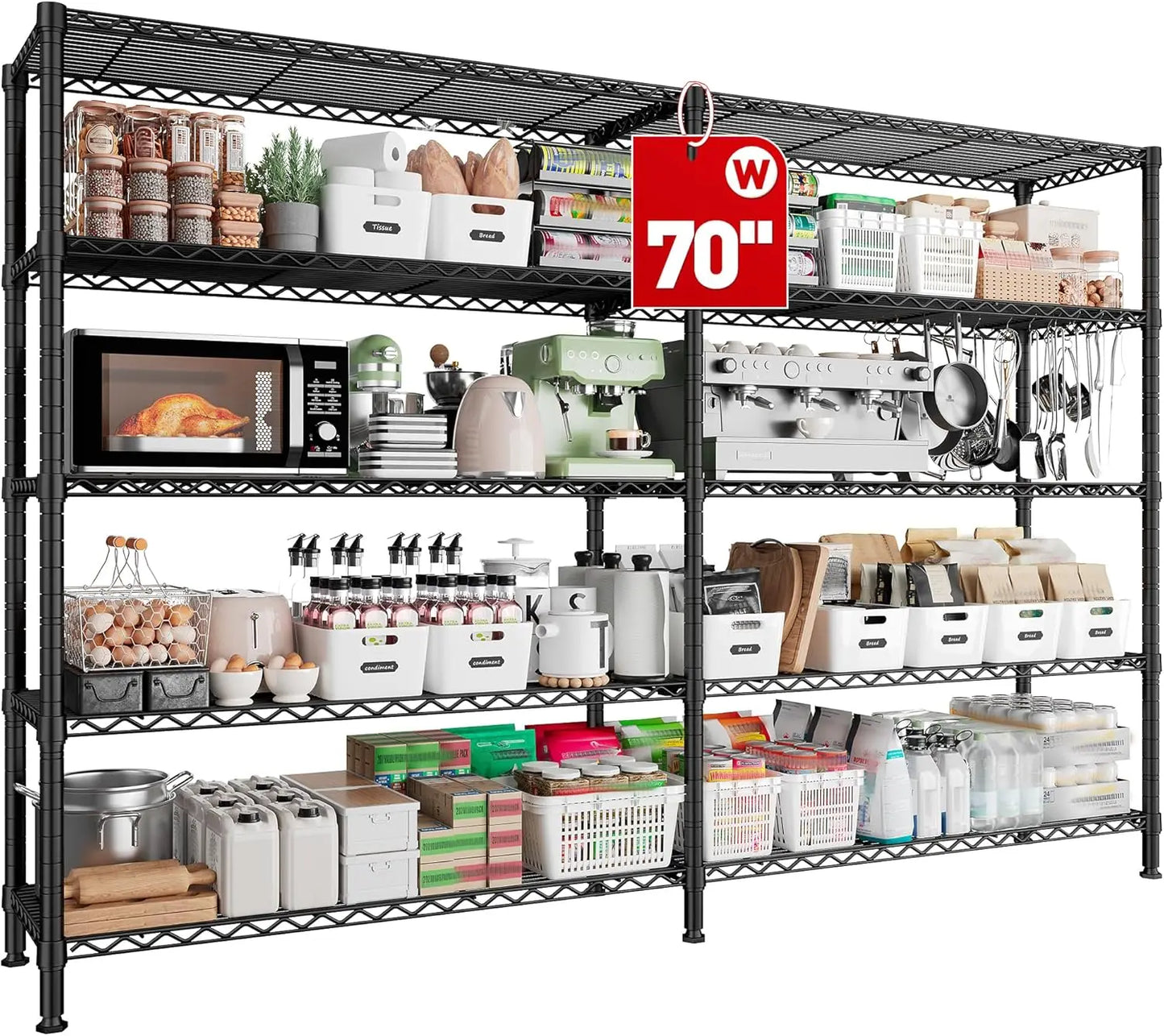 70"W Storage Shelves Load 1600LBS, Metal Shelving 5-tier Wire Shelving Unit Metal Shelves for Storage Adjustable Garage Shelving