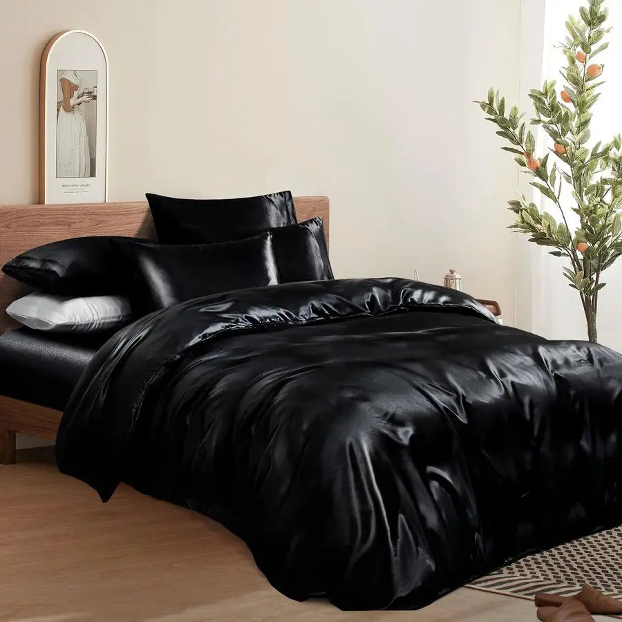 6Pcs Black Satin Duvet Cover Set Queen Size with Satin Fitted Sheet Not Comforter, Silky Comforter Cover Set Queen Duvet Covers