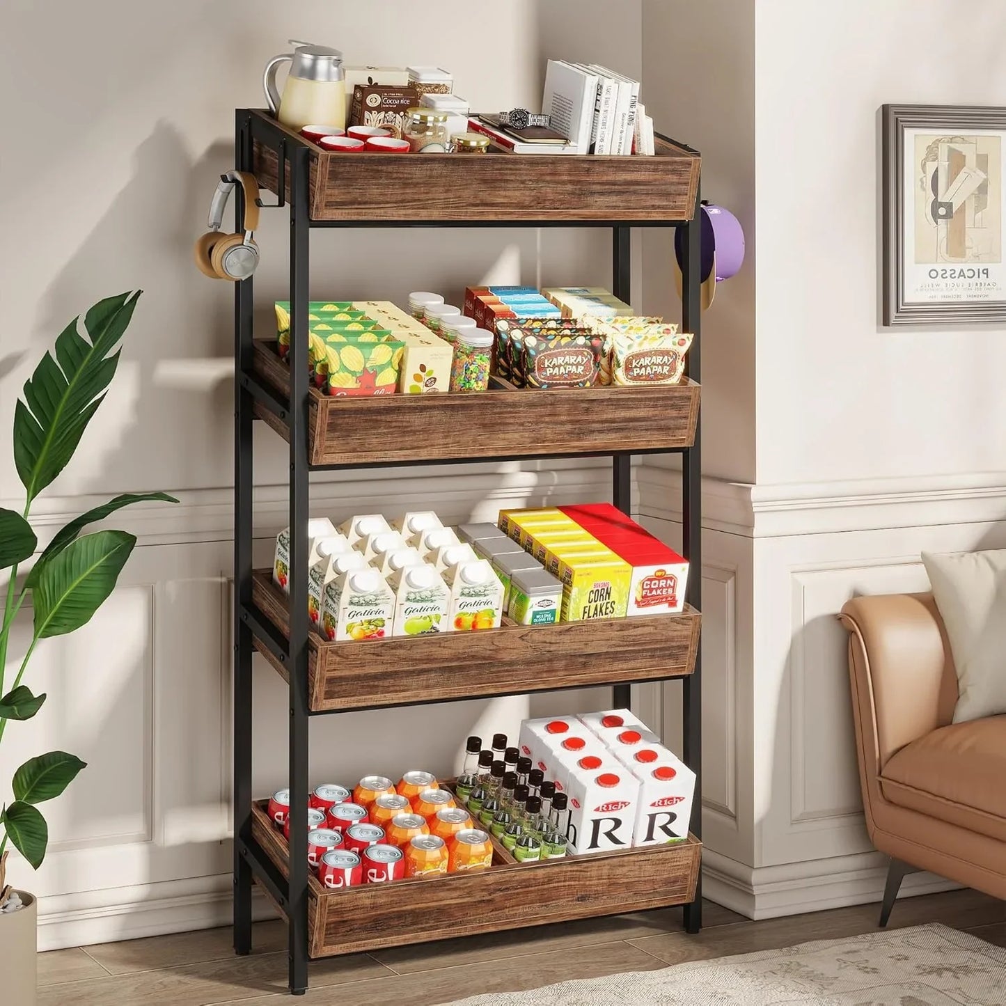 4-Tier Wooden  Display Shelf, Storage Shelving Organizer with Heavy-Duty Metal Frame