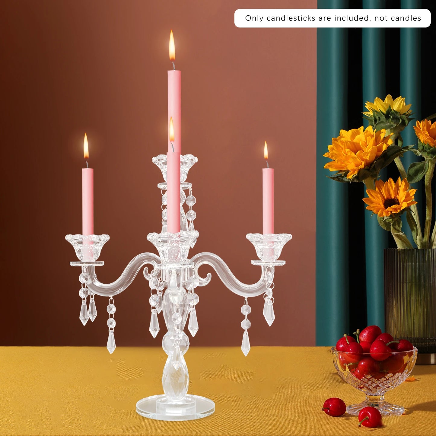 5 Heads Crystal Candle Holder, Modern 5-Arm Candle Centerpiece, Clear Glass Tabletop Candelabra for Wedding, Dining, Party Decor