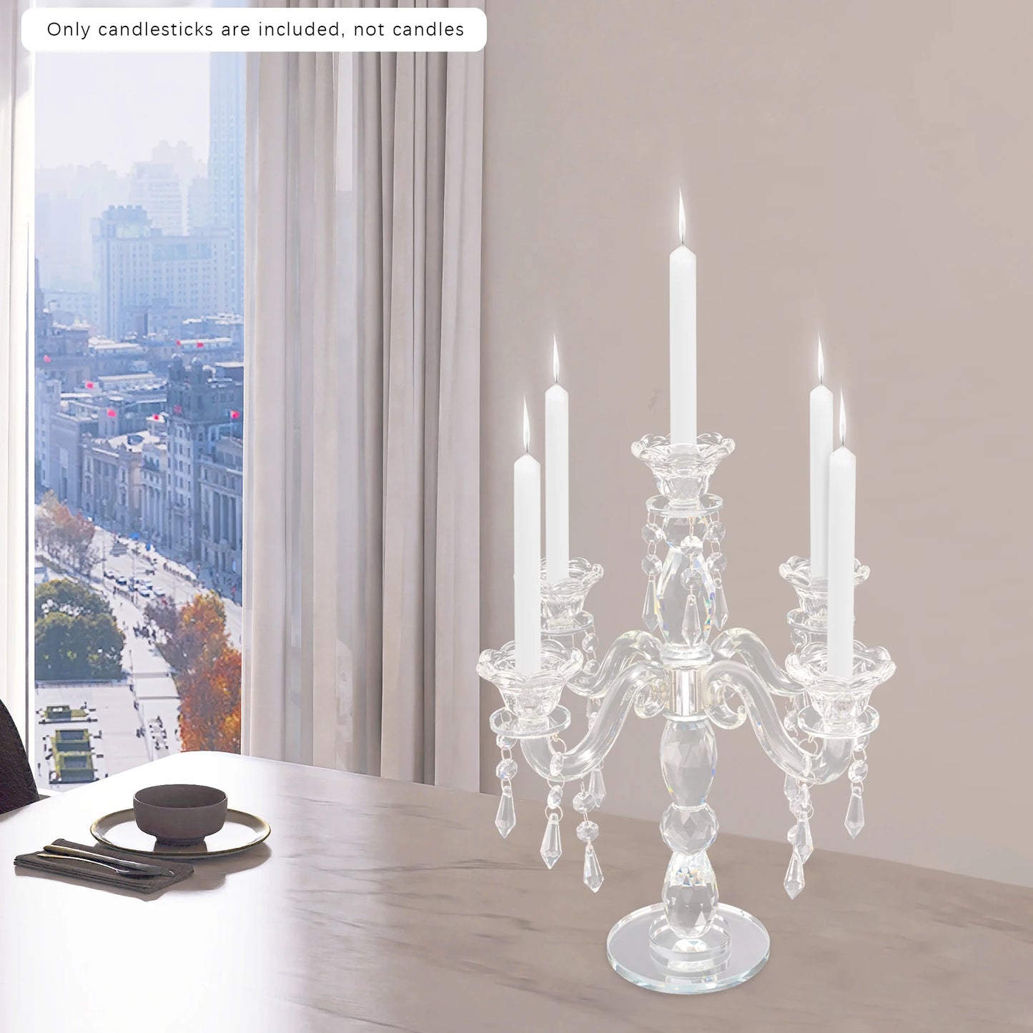 5 Heads Crystal Candle Holder, Modern 5-Arm Candle Centerpiece, Clear Glass Tabletop Candelabra for Wedding, Dining, Party Decor