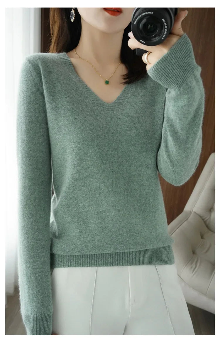 Women's Sweater 2025 Autumn Winter Knitted Pullovers V-neck Slim Fit Bottoming Shirt Solid Soft Knitwear