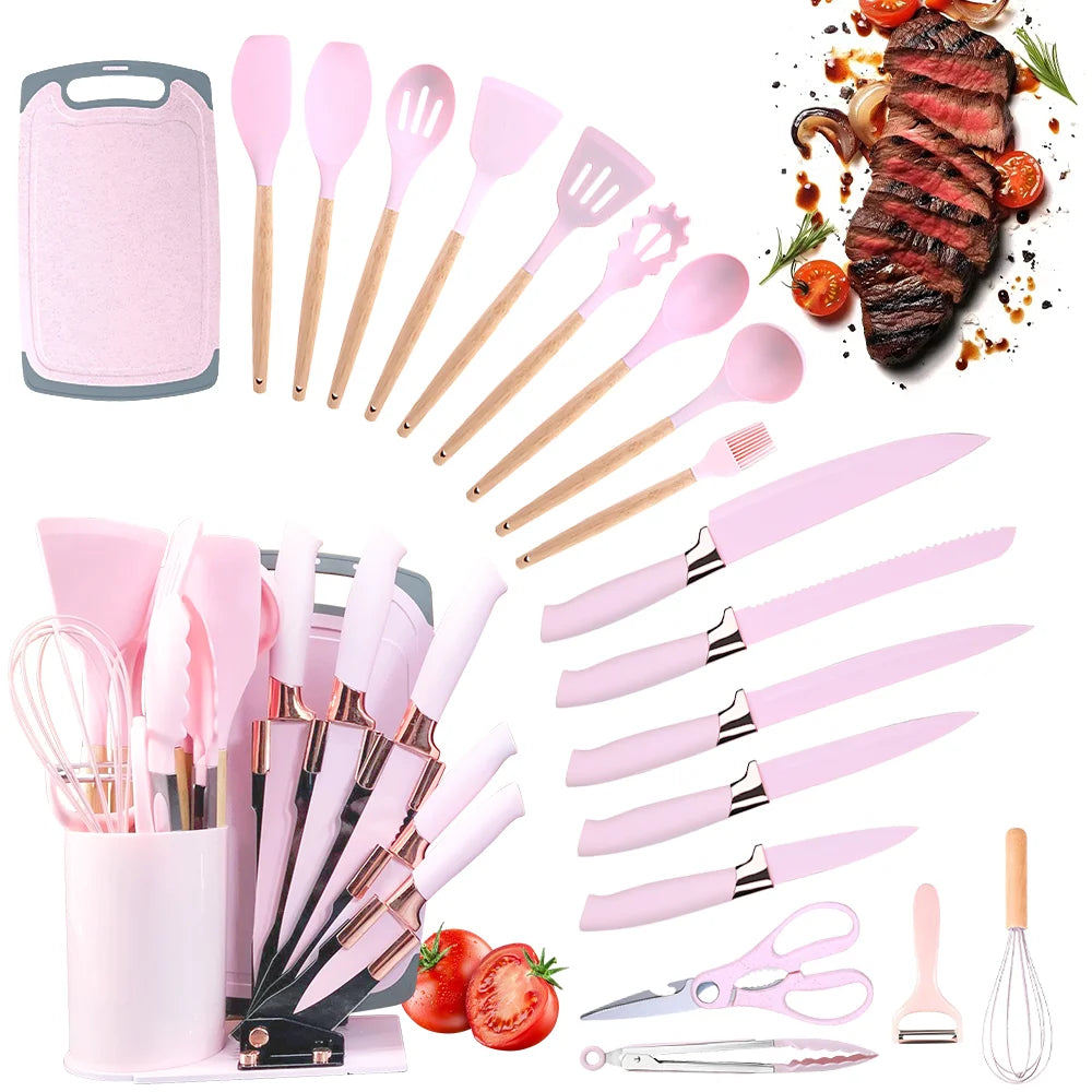 MDHAND 20pcs Heat-Resistant Silicone Kitchen Utensil Set with Wooden Handles Knives Soup Spoon with Scissors Hassle-Free Cooking