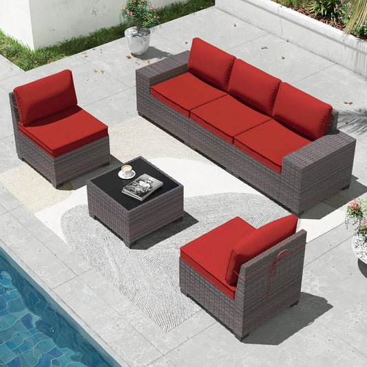 6 Pieces Patio Furniture Sets with Glass Tea Table,PE Rattan Wicker Patio Conversation Set with Washable, Customized