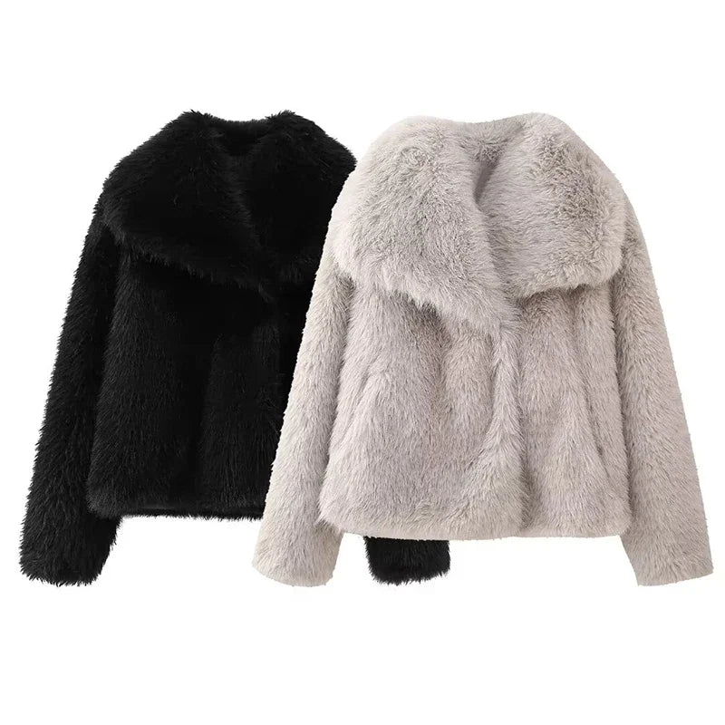 Autumn Winter Women Casual Faux Fur Jackets Fashion Streetwear Solid Oversized Turn Down Collar Elegant Thick Coats