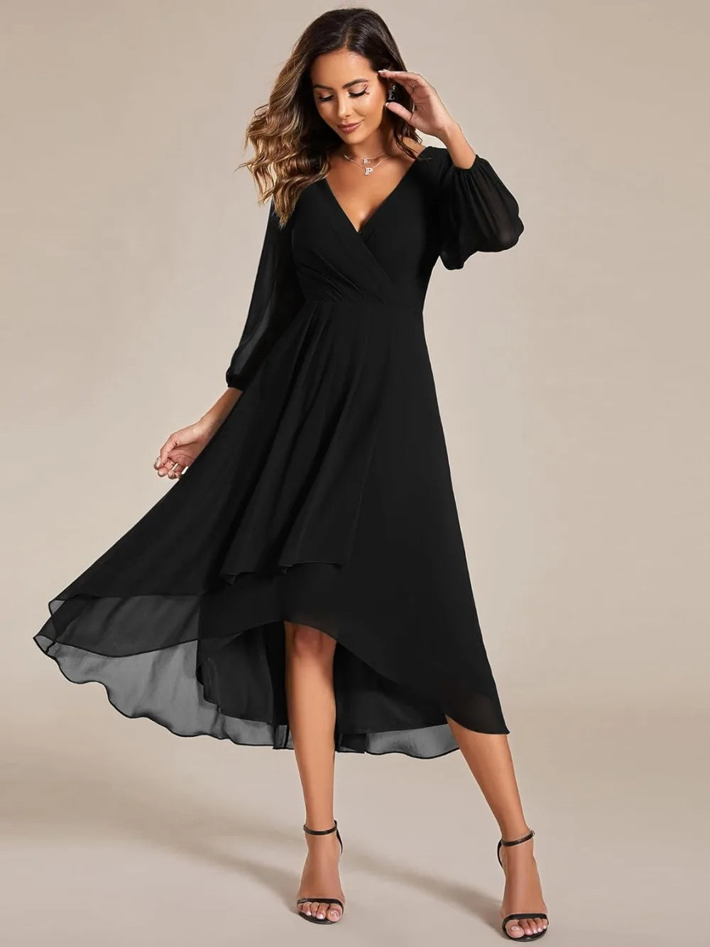 Ever-Pretty Women's Chiffon V Neck Long Sleeves Pleated A-Line Midi Length Wedding Guest Dress