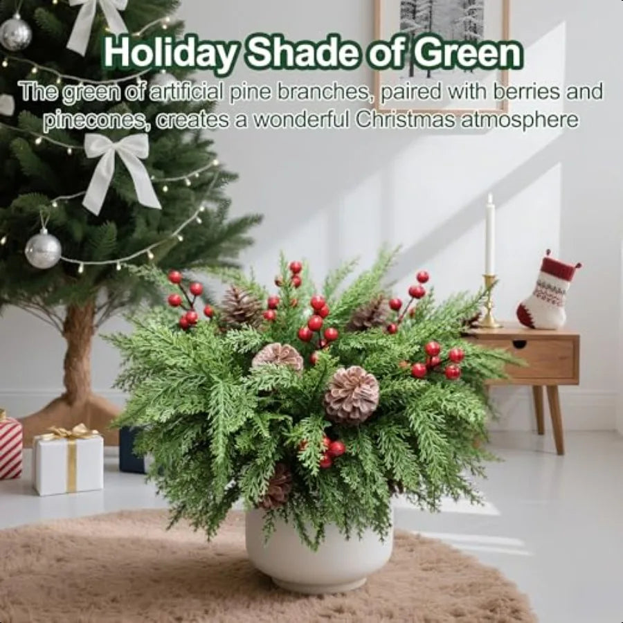 24PCS Christmas Pine Branches Decorations Artificial Pine Branches with Red Berry Stems and Pinecones