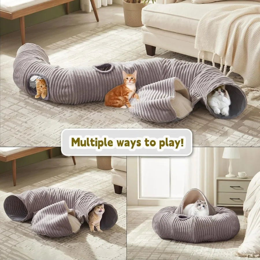 Multifunctional Cat Tunnel Bed with Washable Donut Cushion for Indoor Cats and Small Pets Blackout Tent Hideaway Plaything for